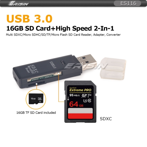 Erisin ES116 Free 16GB TF +USB 3.0 2-In-1 Memory Card Reader Adatper TF SD/Micro SD/SDHC/SDXC