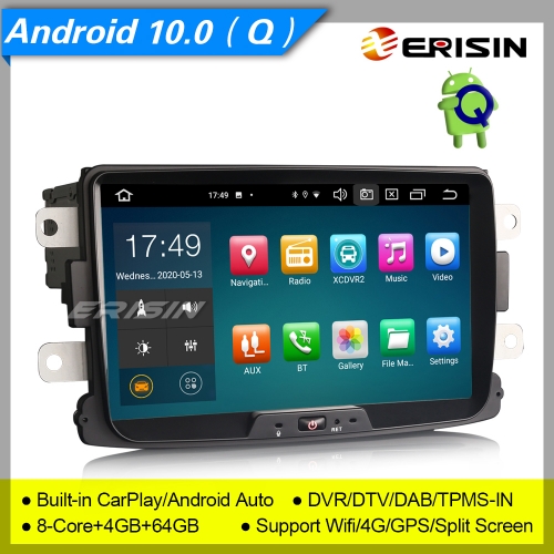 4+64GB 8 Core CarPlay DSP Android 10.0 Renault Dacia Car Stereo Duster Logan DAB+ Radio Sat Navi Car Radio GPS DVR TPMS OBD PX5 8" Erisin ES8129D