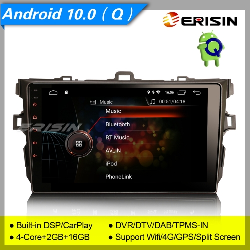 2+16GB 4 Core CarPlay Android 10.0 TOYOTA COROLLA E140 E150 2006-2013 Car Stereo DAB+ Radio Sat Navi DVR DSP TPMS SWC BT 9" Erisin ES4297A