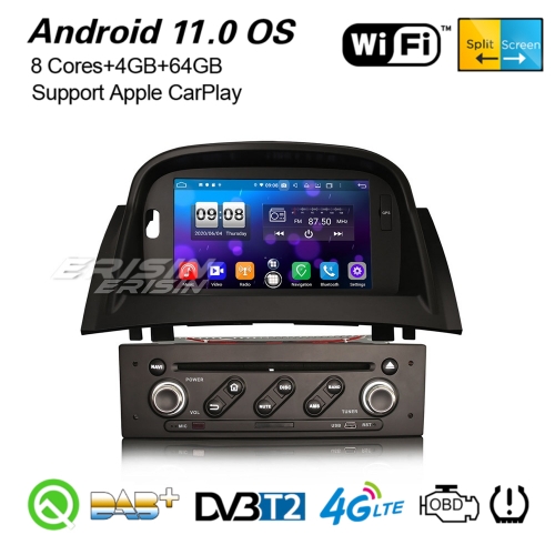 4+64G CarPlay Renault Megane II Car DVD Player Android 11.0 DSP DAB  Radio Sat Navi TPMS PX5 DVR 7" Erisin ES8772M
