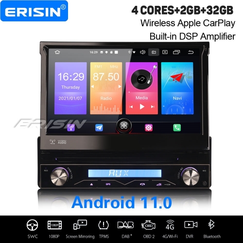 CarPlay DSP 2+32GB 4 Core DSP Android 11 Detachable Single 1 Din Car Stereo DVD Player DAB+ Radio Sat Navi BT 7" Erisin ES2788U