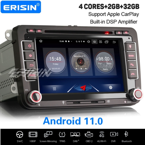 CarPlay DSP 2+32GB 4 Core DSP Android 11 Car Stereo VW Seat Skoda Golf Passat Tiguan Fabia Altea DAB+ Radio Sat Navi BT 7" Erisin ES2748V